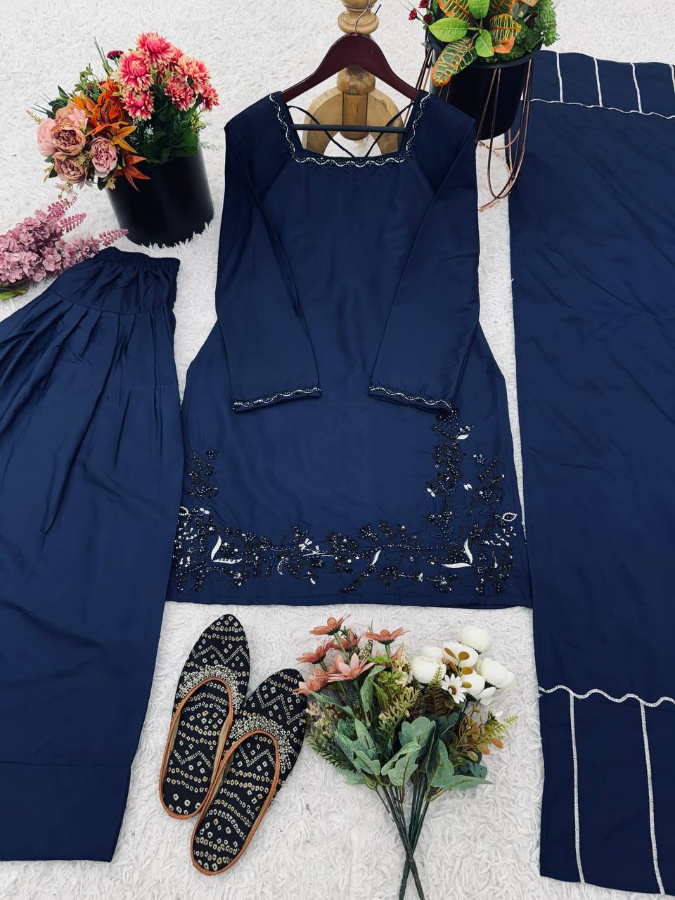 Ceremony Wear Navy Blue Color Pure Natural Crep Silk With Embroidery Sequence Work Palazzo Suit