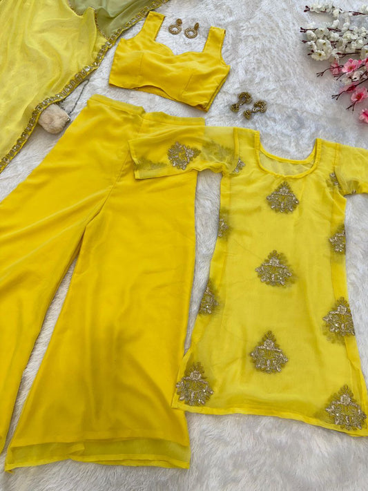 Haldi Special Yellow Color Pure Georgette Fully Stitched Palazzo Suit