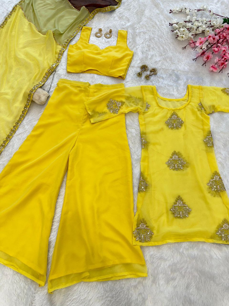 Haldi Special Yellow Color Pure Georgette Fully Stitched Palazzo Suit