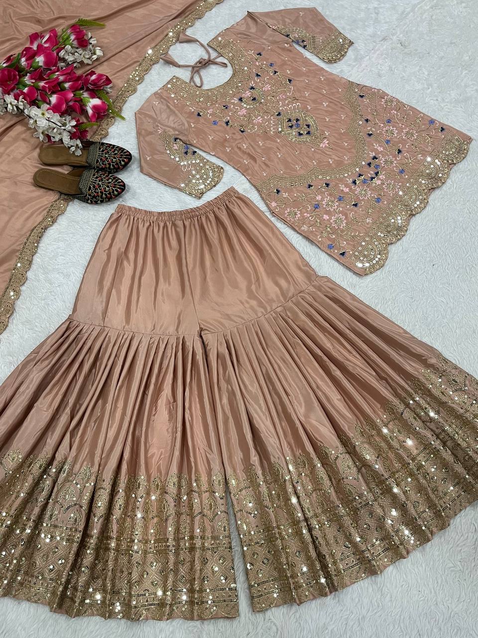 Stunning Beige color Natural Crep Material With Sequence Embroidery Work Sharara Suit