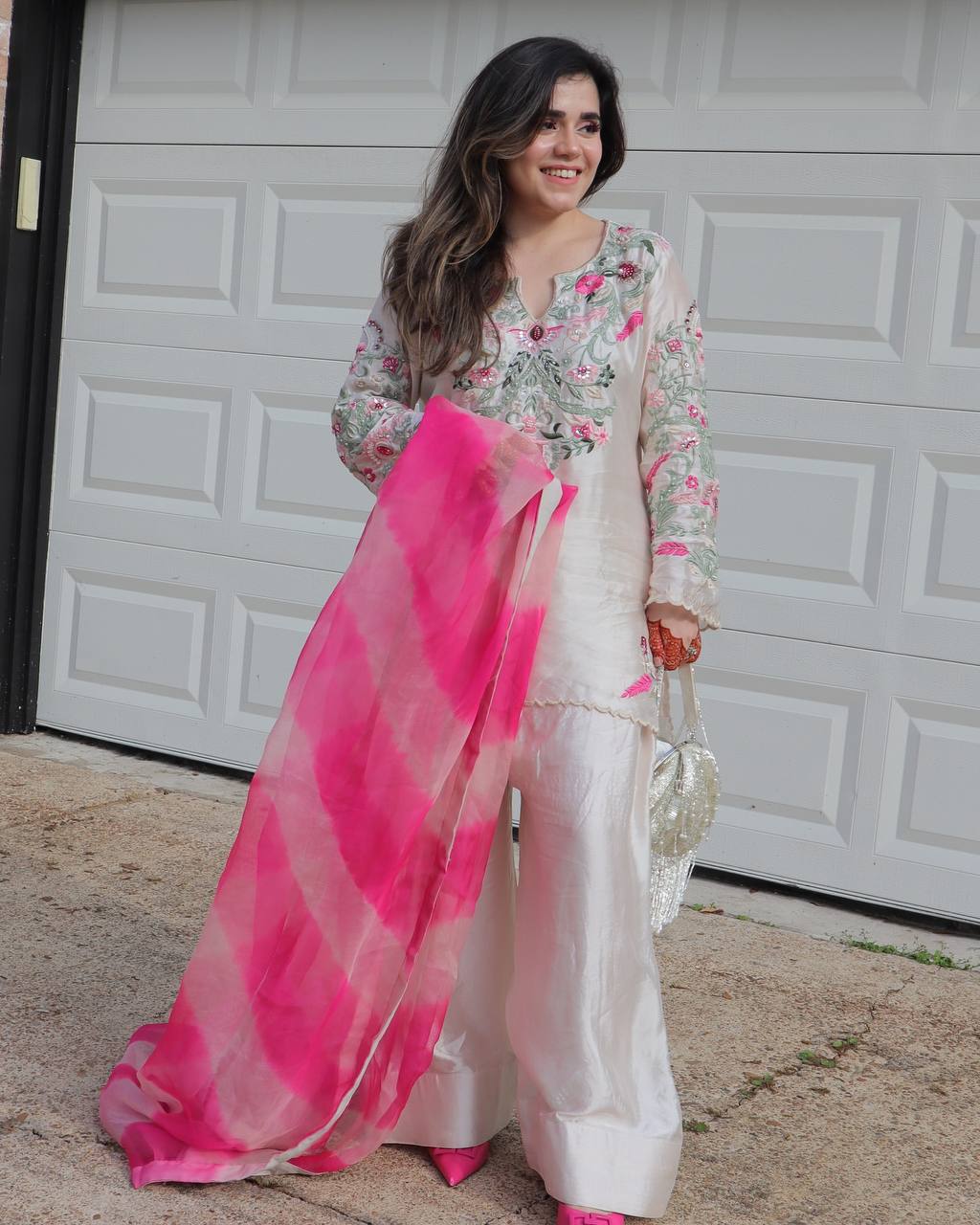 Festive Wear White Color Natural Crep Silk With Embrodary Siquance Work Palazzo Suit