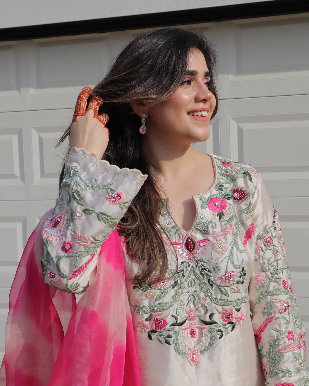 Festive Wear White Color Natural Crep Silk With Embrodary Siquance Work Palazzo Suit