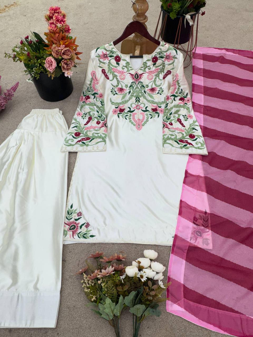 Festive Wear White Color Natural Crep Silk With Embrodary Siquance Work Palazzo Suit