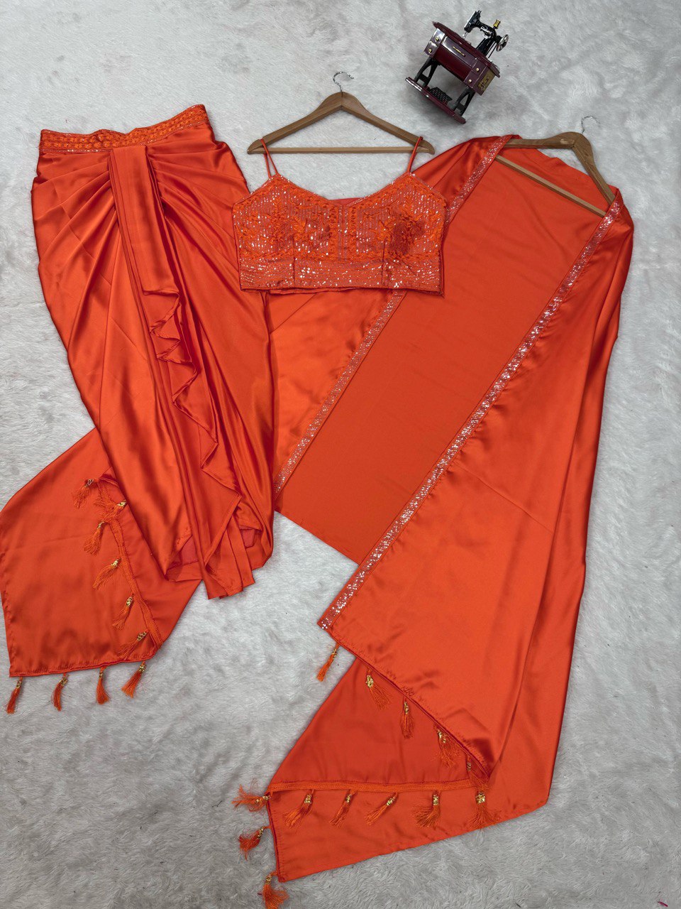 Occasion Wear Orange Color Satin Silk And Thread With Sequence Work Dhoti Suit