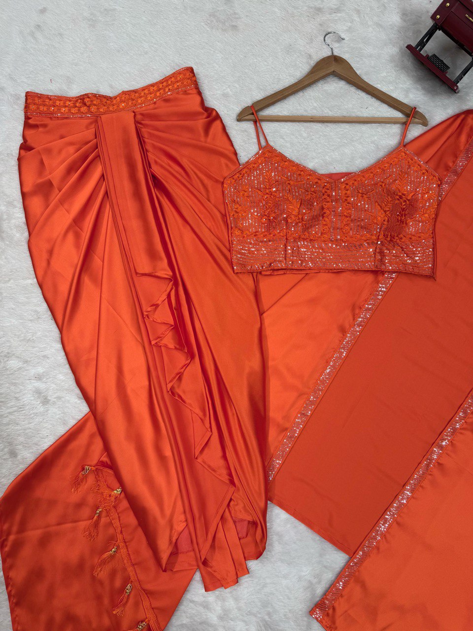 Occasion Wear Orange Color Satin Silk And Thread With Sequence Work Dhoti Suit