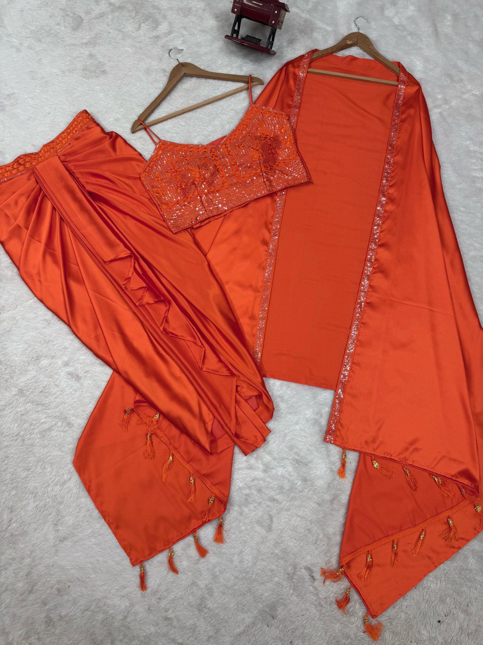 Occasion Wear Orange Color Satin Silk And Thread With Sequence Work Dhoti Suit