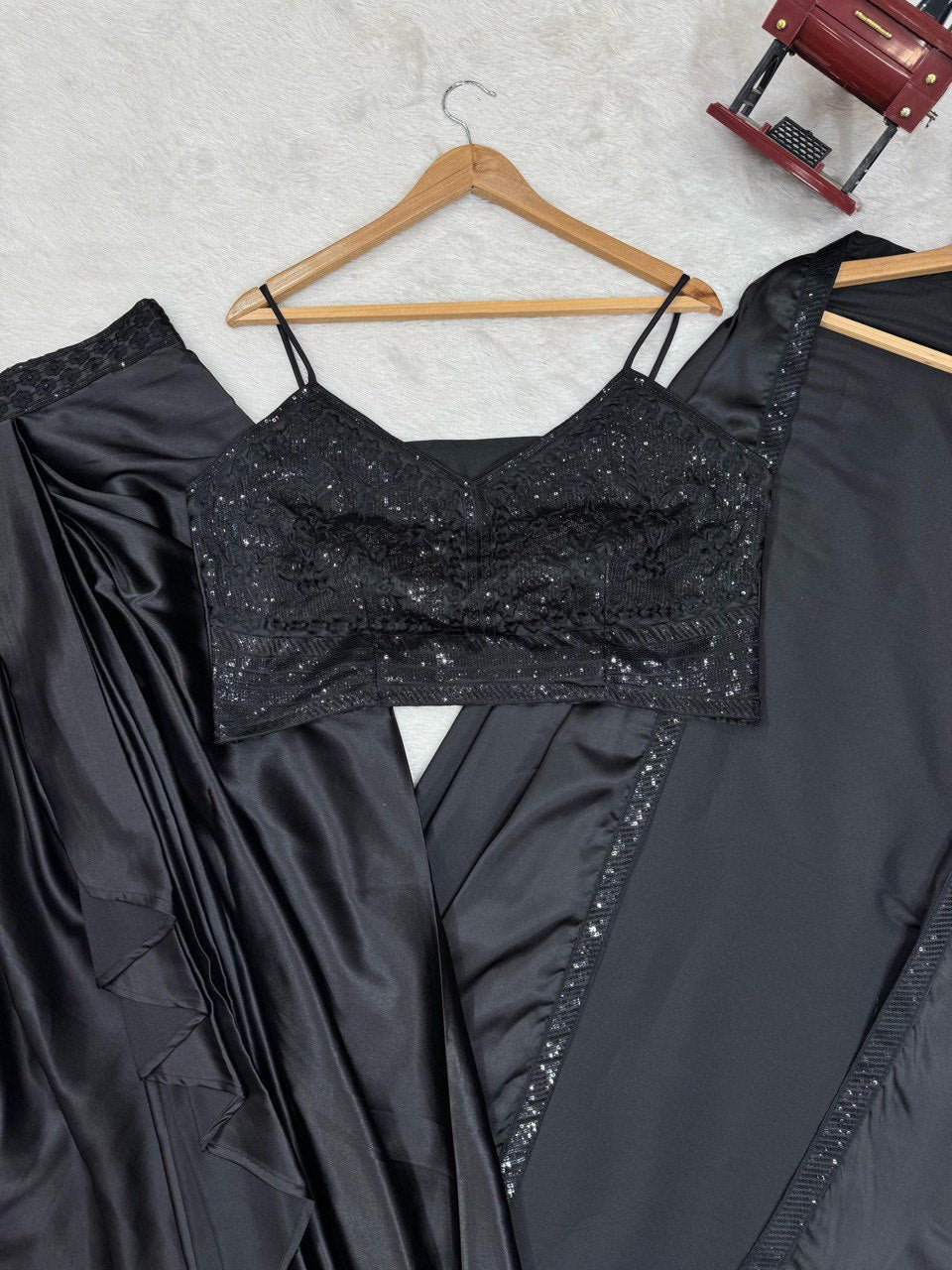 Occasion Wear Black Color Satin Silk And Thread With Sequence Work Dhoti Suit