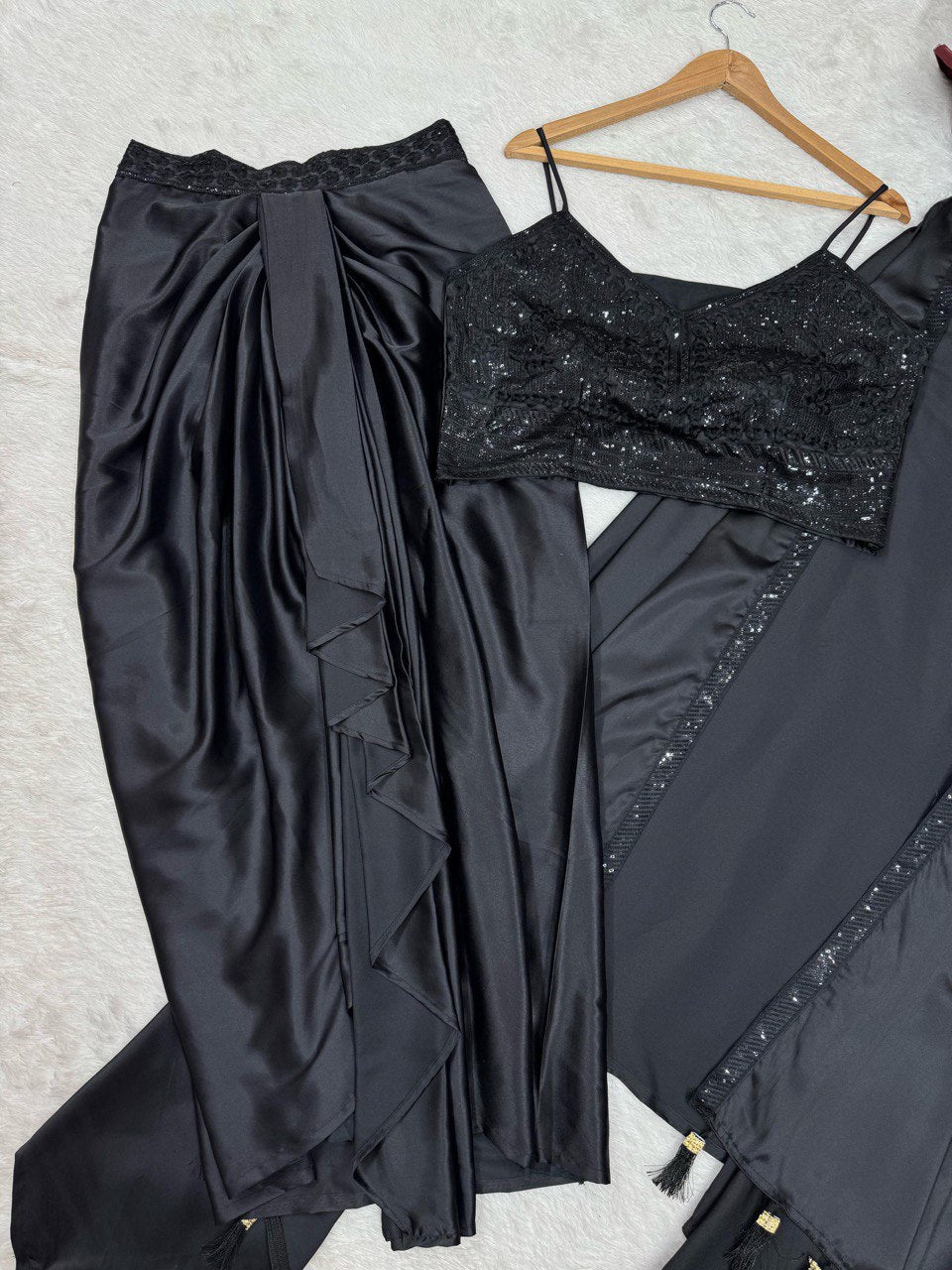 Occasion Wear Black Color Satin Silk And Thread With Sequence Work Dhoti Suit