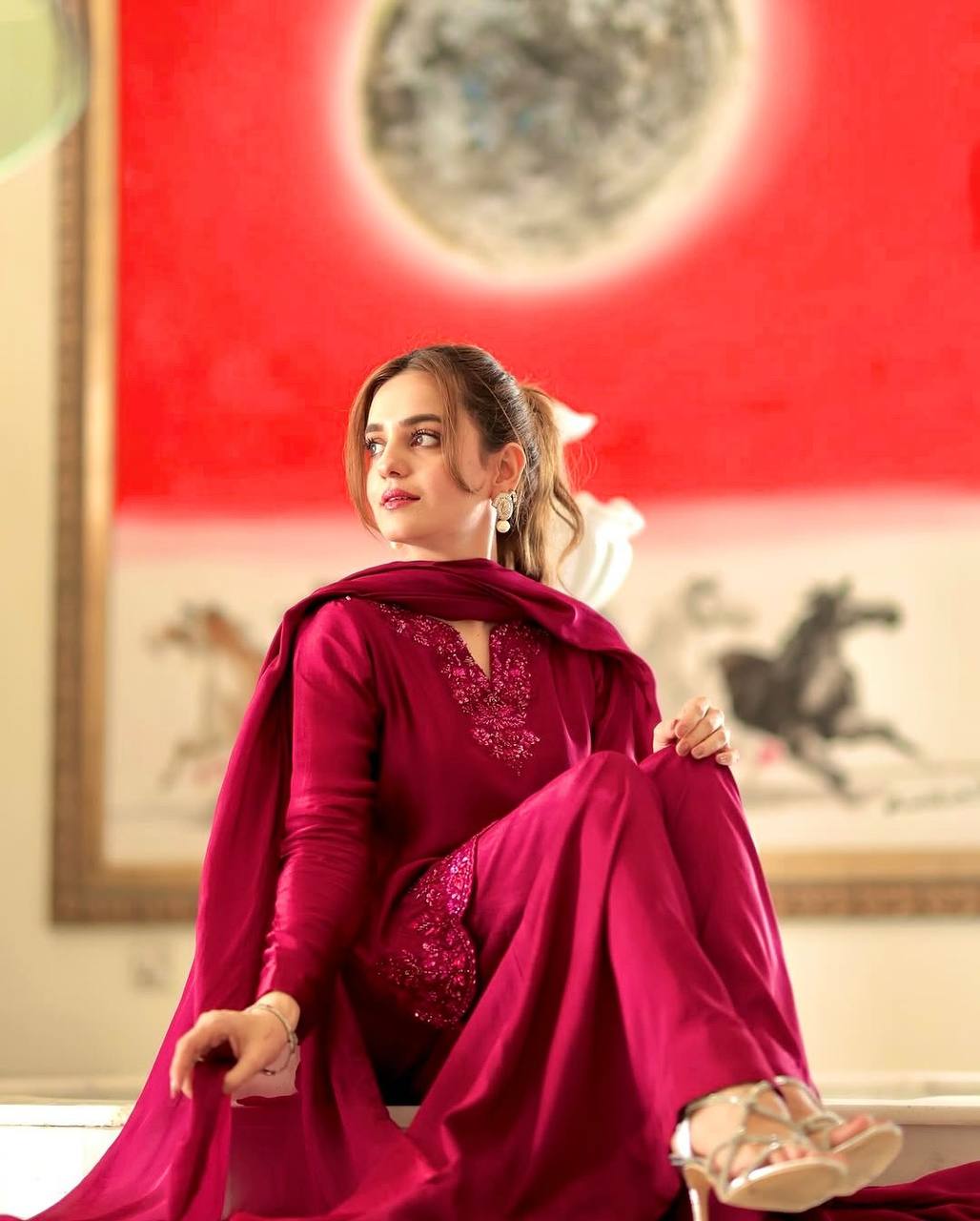 Party Wear Maroon Color Pure Natural Crep Silk With Embroidery Sequence Work Palazzo Suit