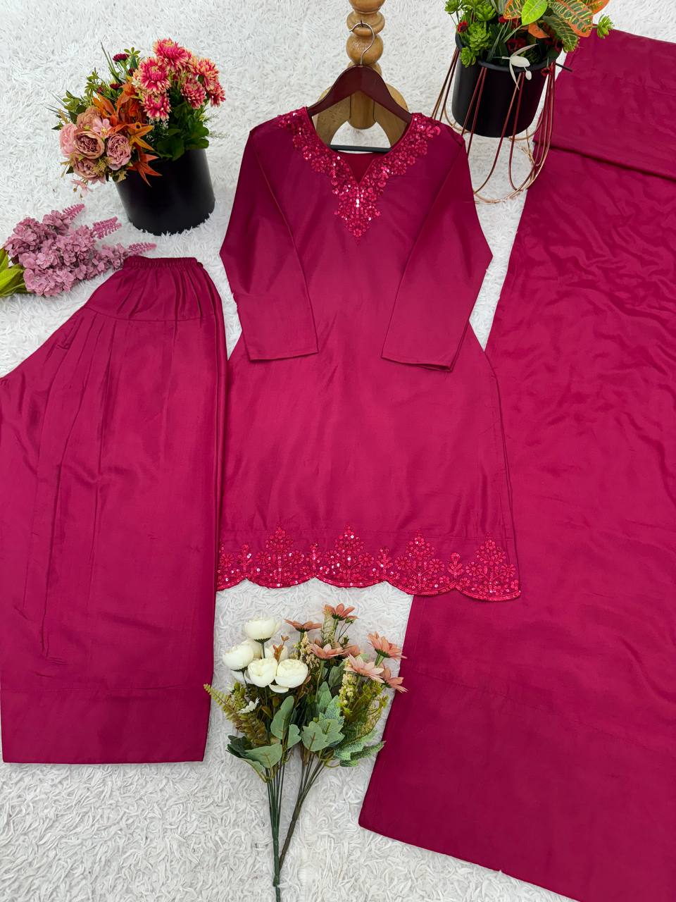 Party Wear Maroon Color Pure Natural Crep Silk With Embroidery Sequence Work Palazzo Suit