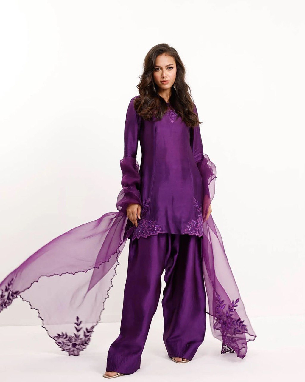 Fabulous Purple Color Natural Crepe And Beads With Thread Work Palazzo Suit