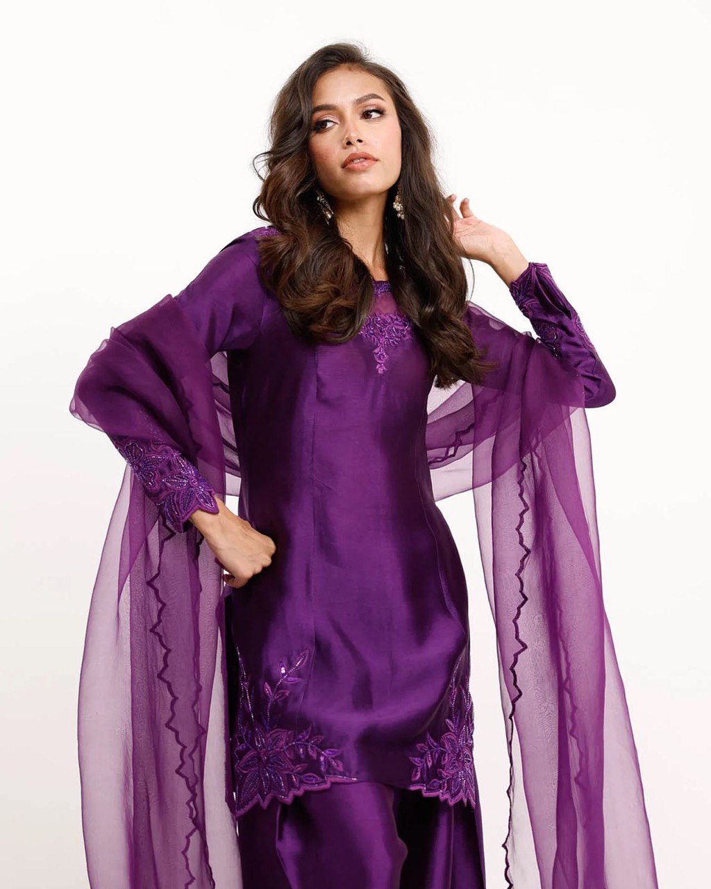 Fabulous Purple Color Natural Crepe And Beads With Thread Work Palazzo Suit