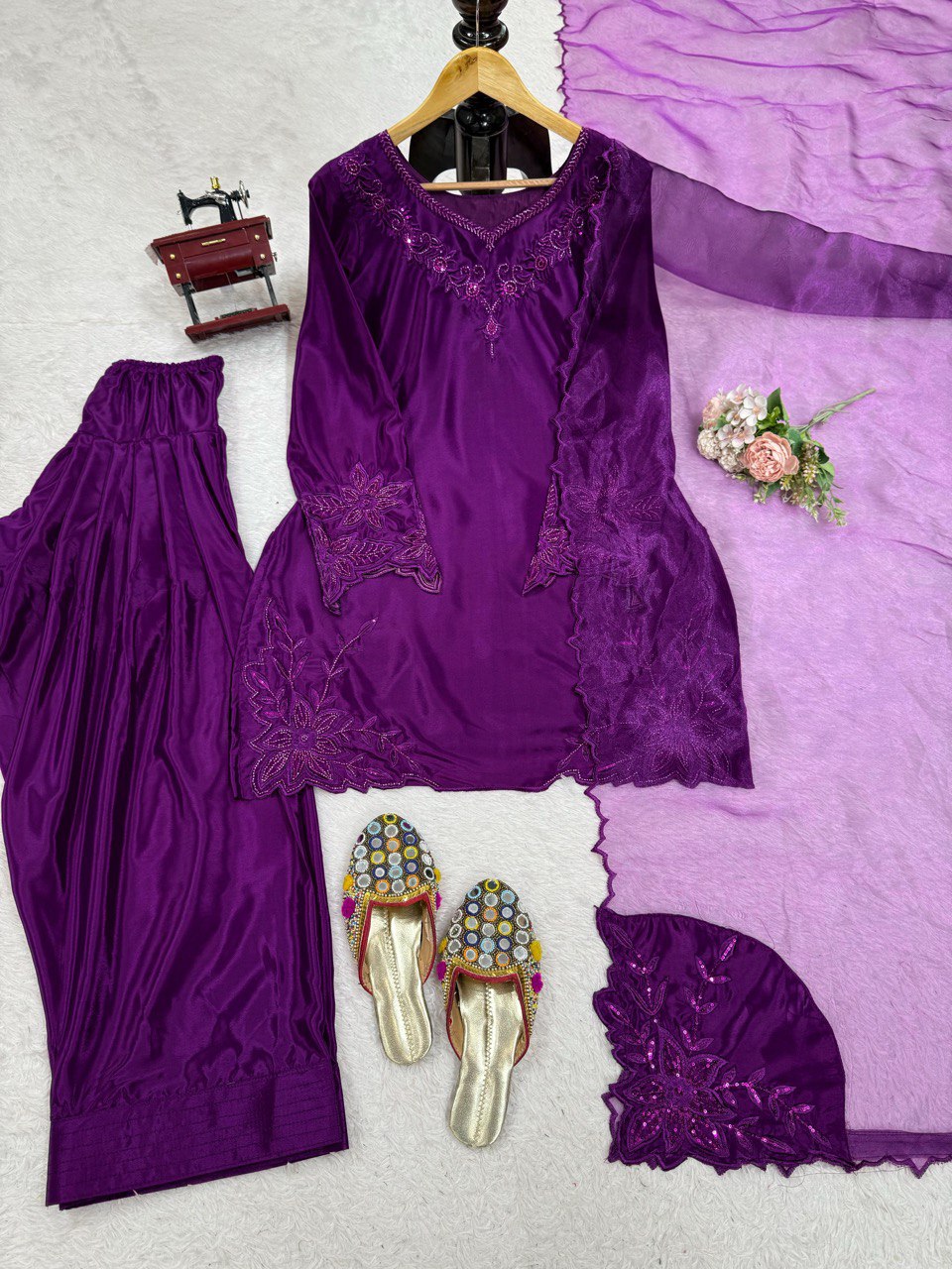 Fabulous Purple Color Natural Crepe And Beads With Thread Work Palazzo Suit