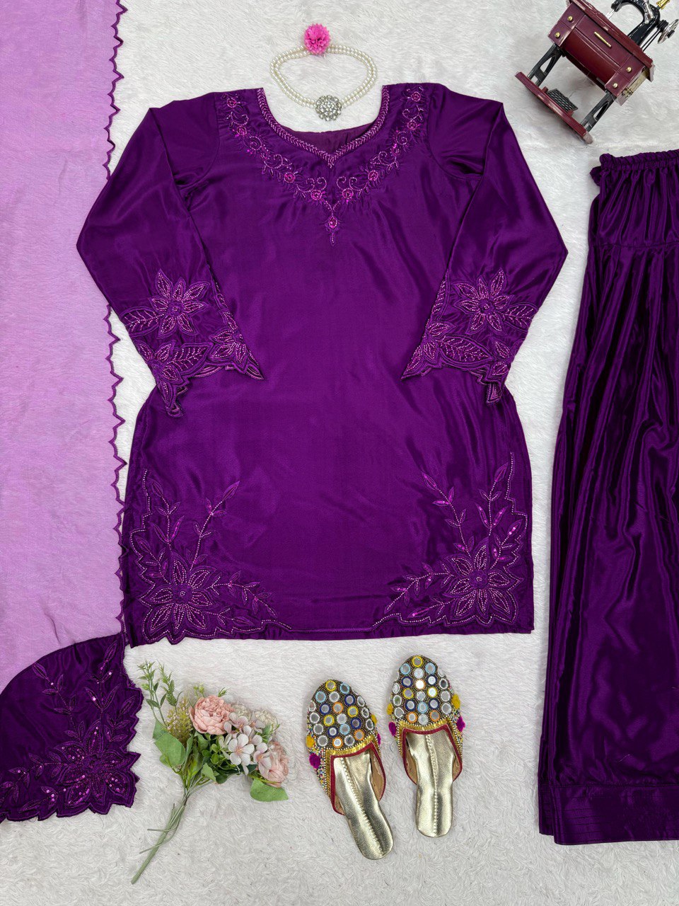 Fabulous Purple Color Natural Crepe And Beads With Thread Work Palazzo Suit