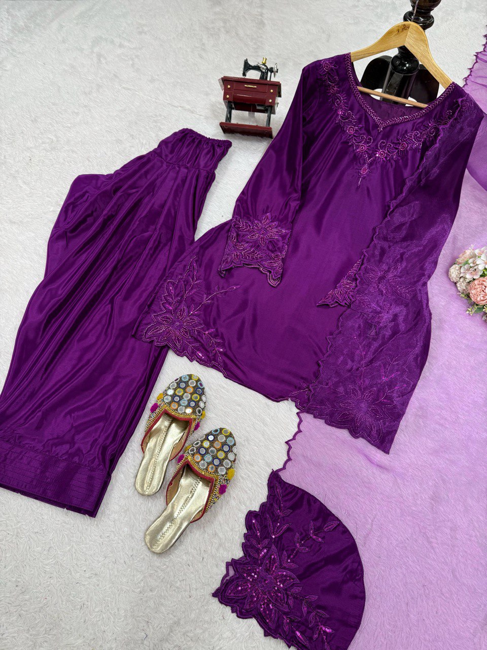 Fabulous Purple Color Natural Crepe And Beads With Thread Work Palazzo Suit