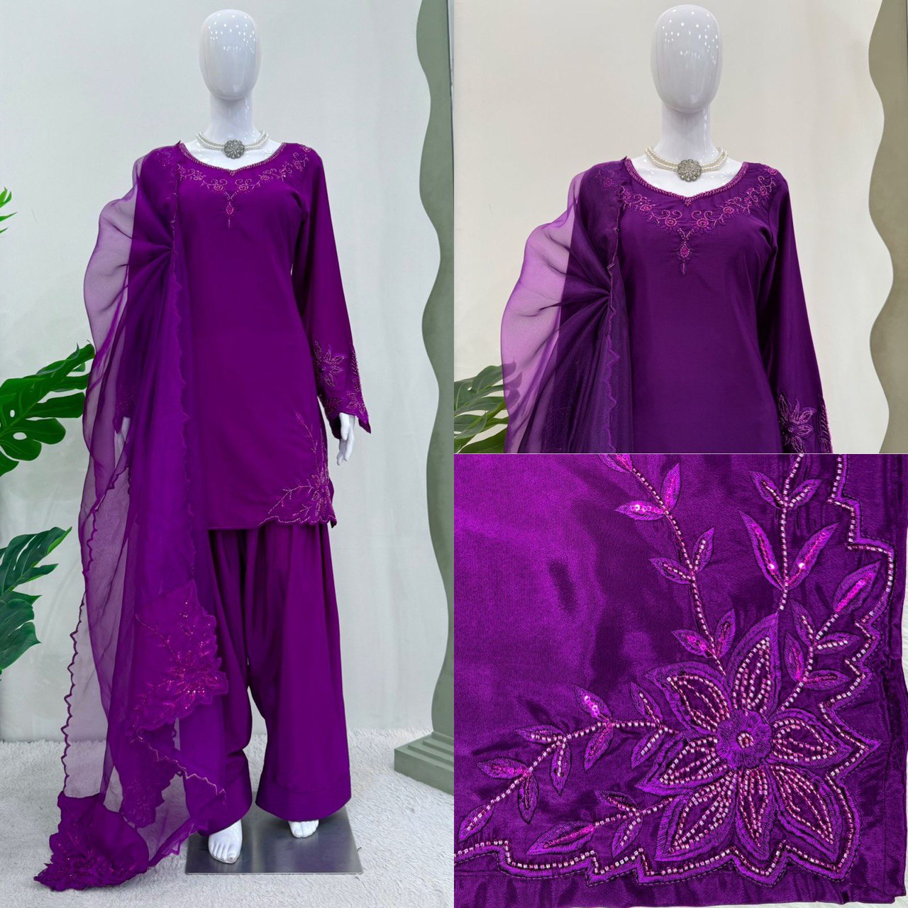Fabulous Purple Color Natural Crepe And Beads With Thread Work Palazzo Suit