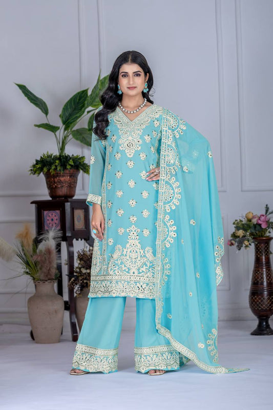Engagement Wear Sky Blue  Color Heavy Fuax Georgette Embroidery Sequences Work With Real Mirror Hand Work Palazzo Suit