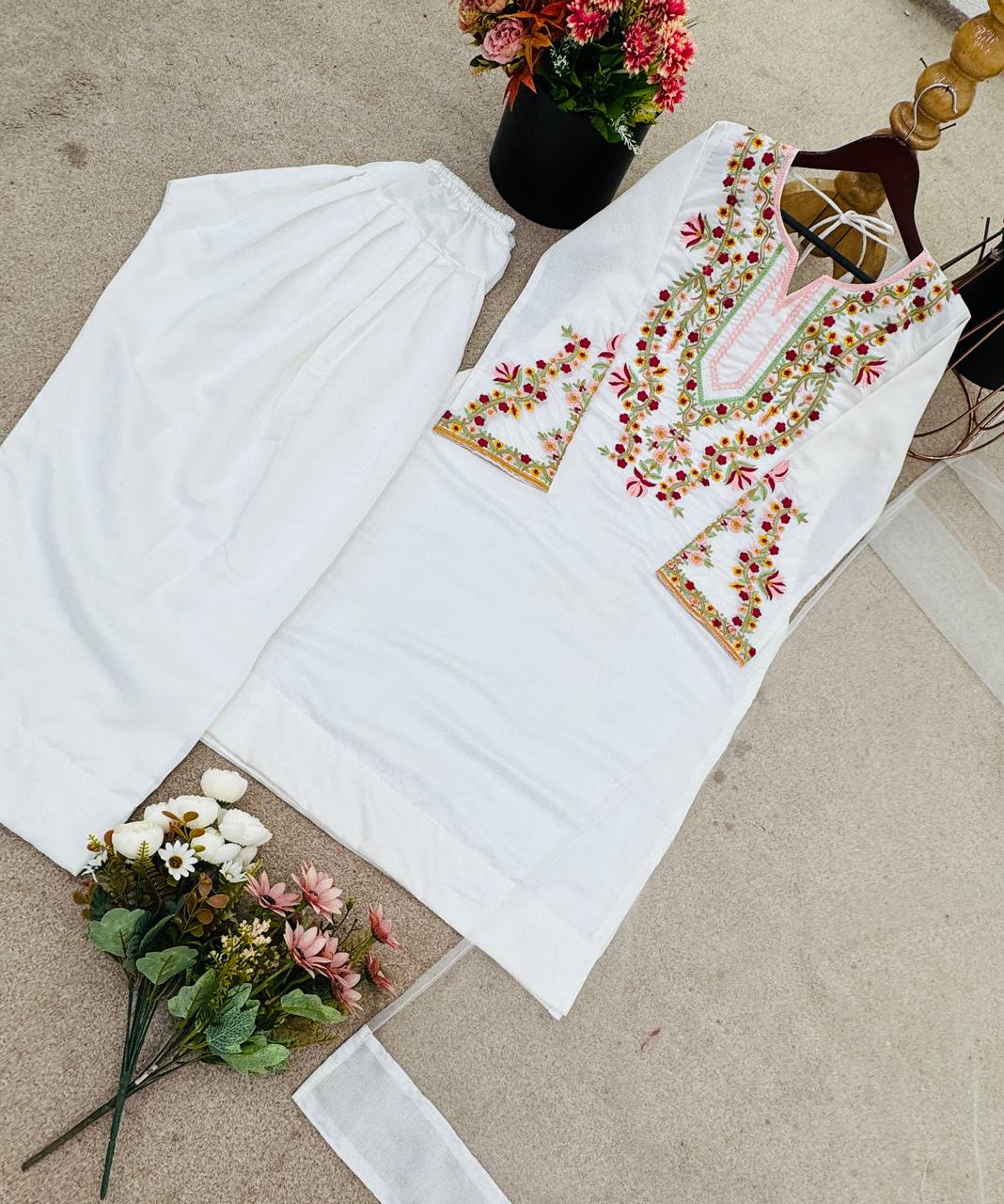 Mesmerizing White Color Pure Natural Crepe Silk With Embroidery Sequence Work Palazzo Suit