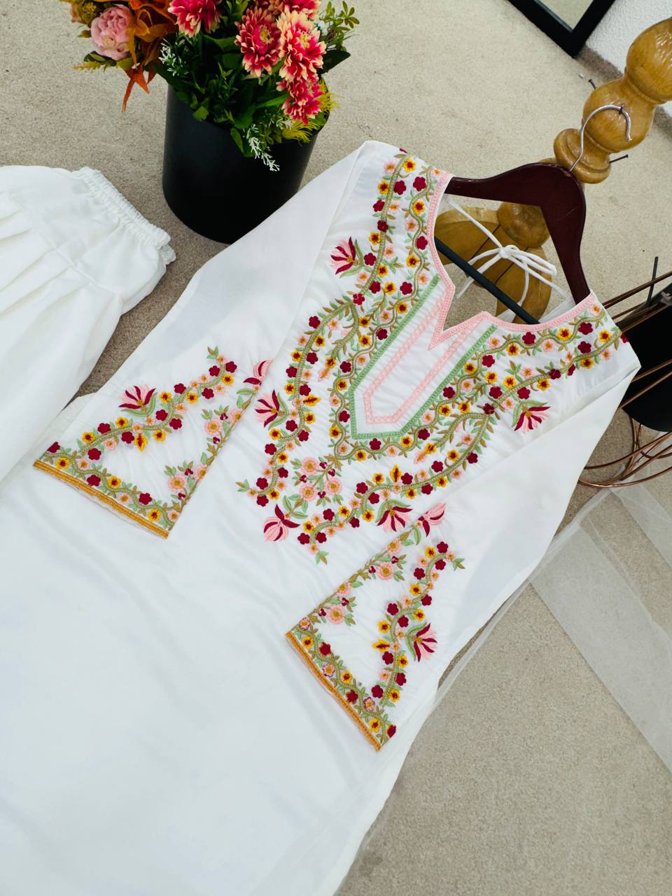 Mesmerizing White Color Pure Natural Crepe Silk With Embroidery Sequence Work Palazzo Suit