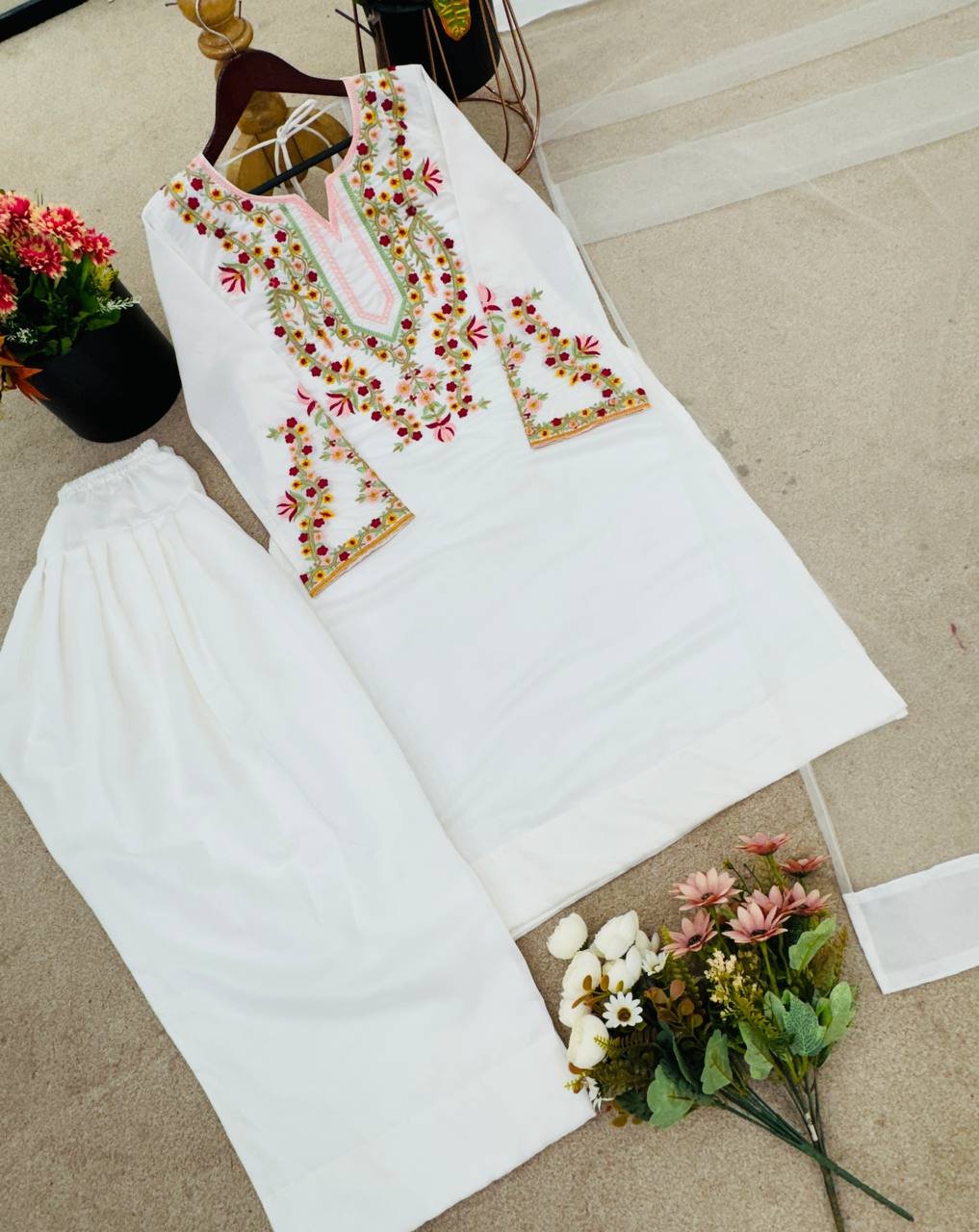 Mesmerizing White Color Pure Natural Crepe Silk With Embroidery Sequence Work Palazzo Suit