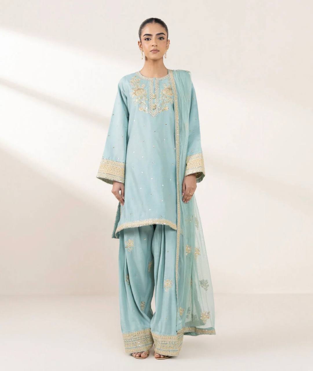 Alluring Auqa Blue Color Chinon Silk With Embroidery Sequence Work Palazzo Suit