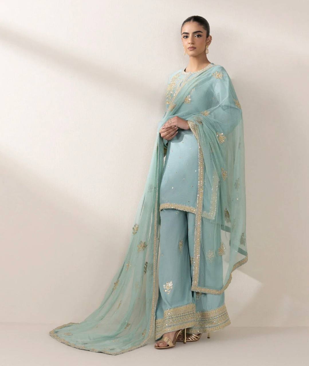 Alluring Auqa Blue Color Chinon Silk With Embroidery Sequence Work Palazzo Suit