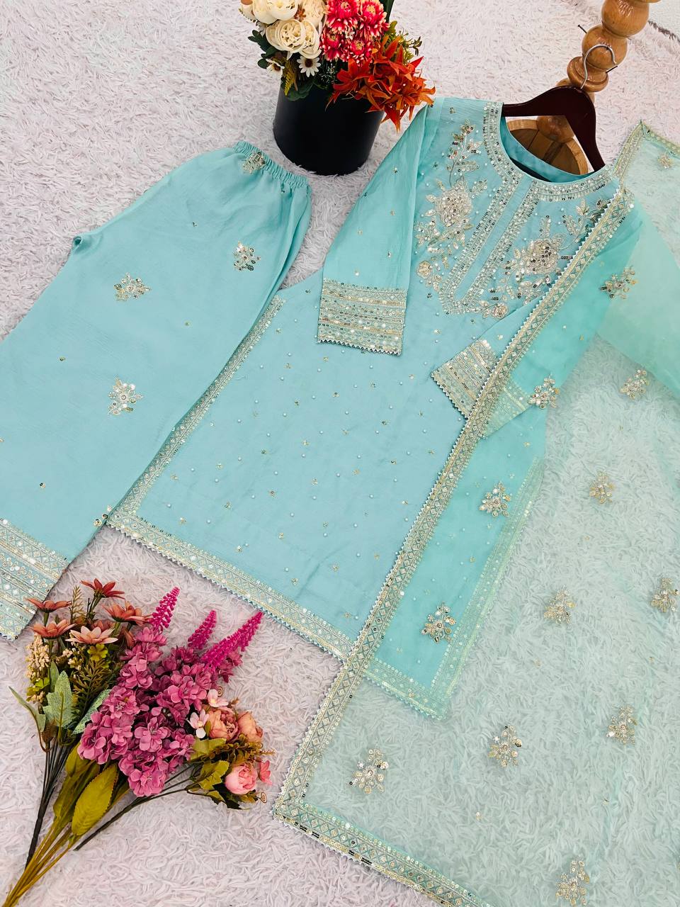 Alluring Auqa Blue Color Chinon Silk With Embroidery Sequence Work Palazzo Suit