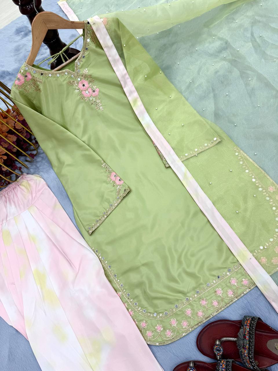 Embellished Parrot Green Color Pure Natural Crepe With Embroidery Work Palazzo Suit