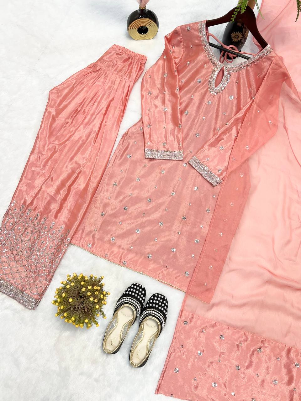 Wedding Wear Peach Color Heavy Chinnon Silk Fancy Less Border Work Salwar Suit