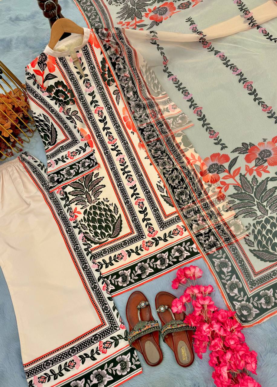 Gorgeous Cream Color Pure American Crape With Digital Printed Designer Palazzo Suit