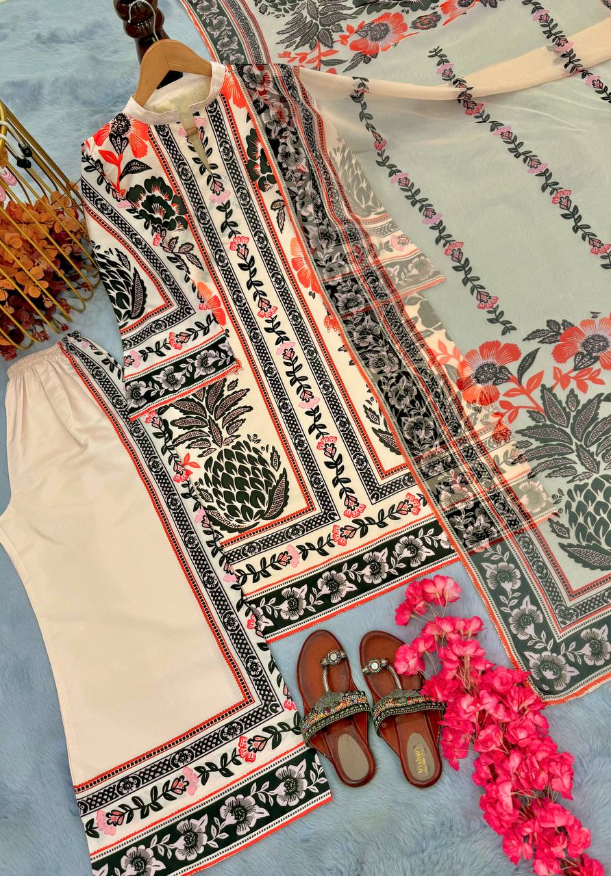 Gorgeous Cream Color Pure American Crape With Digital Printed Designer Palazzo Suit