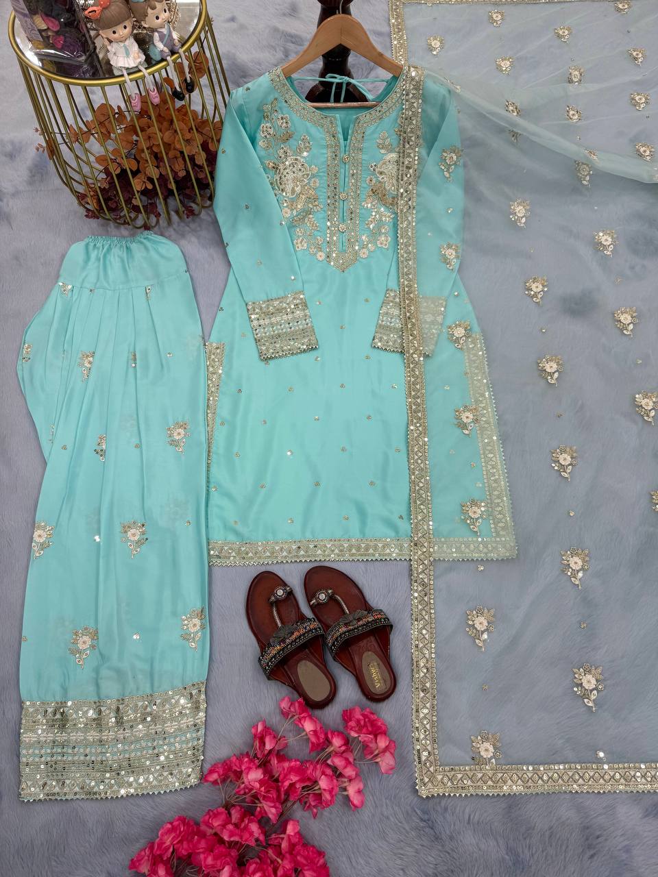 Party Wear Sky Blue Pure Natural Crepe With Embroidery Sequence Work Palazzo Suit