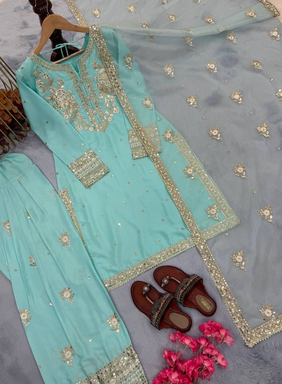 Party Wear Sky Blue Pure Natural Crepe With Embroidery Sequence Work Palazzo Suit
