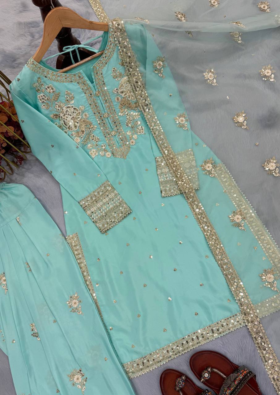 Party Wear Sky Blue Pure Natural Crepe With Embroidery Sequence Work Palazzo Suit