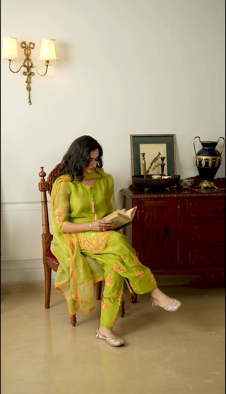 Engagement Wear Mehndi Color Natural Crep Silk With Embrodary Siquance Work Salwar Suit