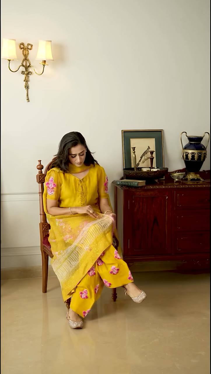 Engagement Wear Haldi Special Yellow Color Natural Crep Silk With Embrodary Siquance Work Salwar Suit