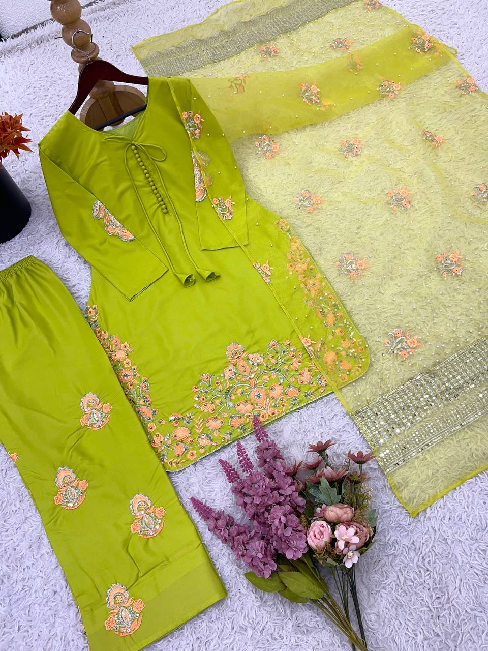 Engagement Wear Mehndi Color Natural Crep Silk With Embrodary Siquance Work Salwar Suit
