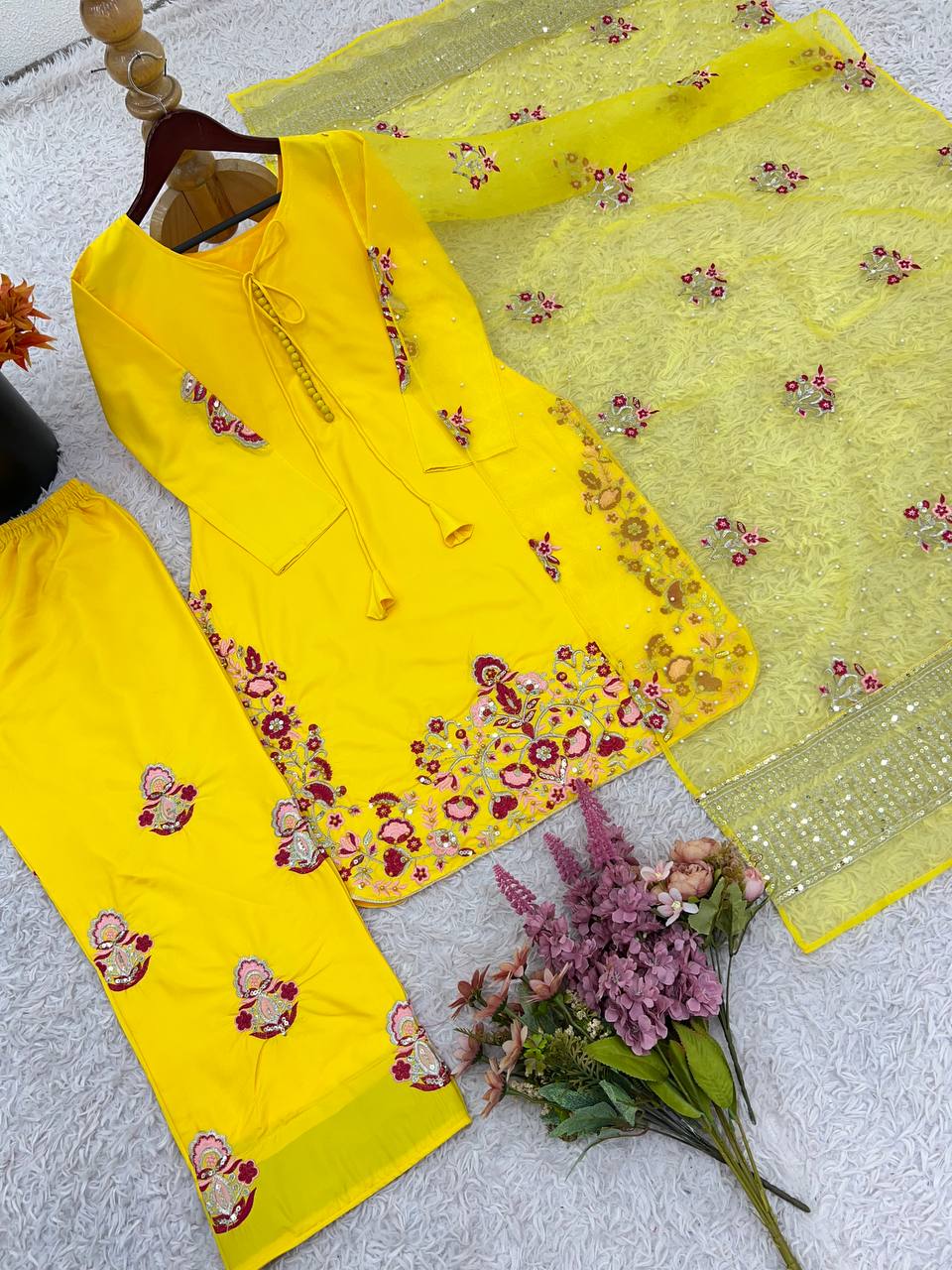 Engagement Wear Haldi Special Yellow Color Natural Crep Silk With Embrodary Siquance Work Salwar Suit