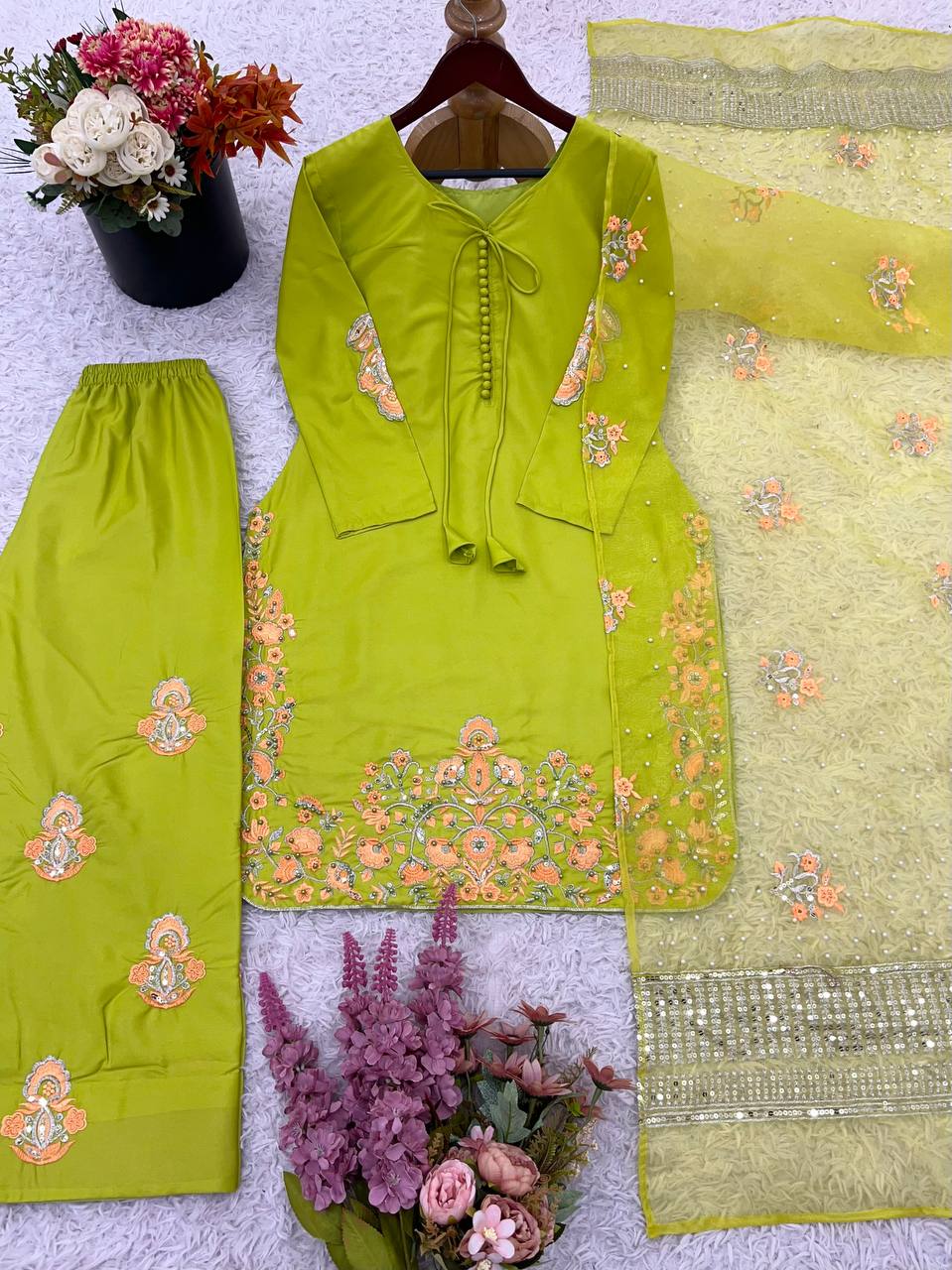 Engagement Wear Mehndi Color Natural Crep Silk With Embrodary Siquance Work Salwar Suit