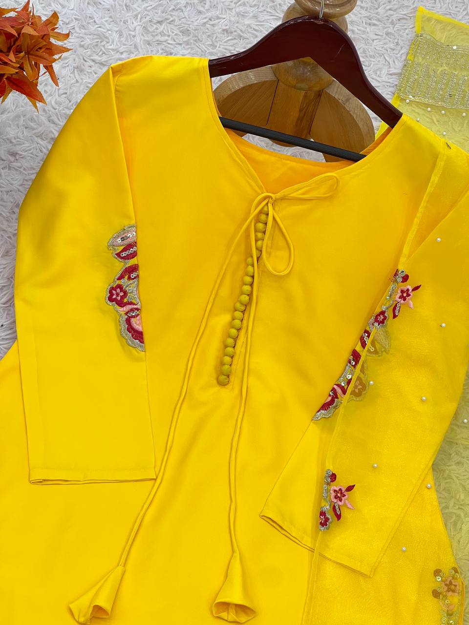 Engagement Wear Haldi Special Yellow Color Natural Crep Silk With Embrodary Siquance Work Salwar Suit