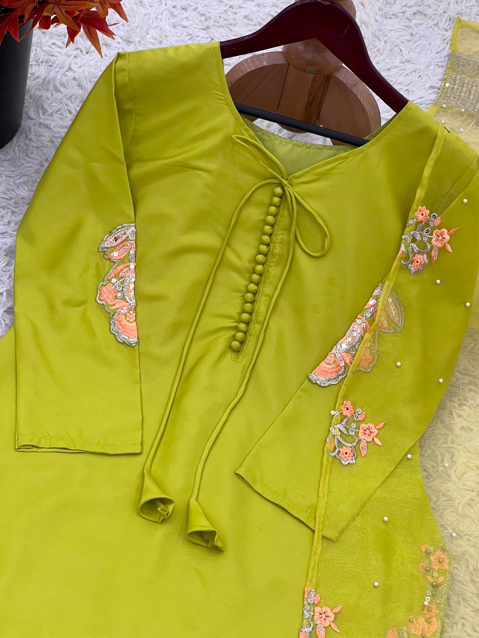 Engagement Wear Mehndi Color Natural Crep Silk With Embrodary Siquance Work Salwar Suit