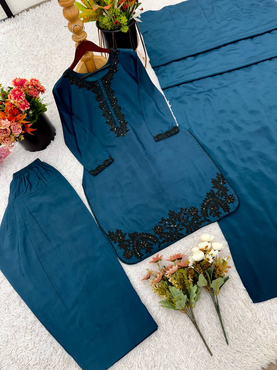 Celebrity Style Teal Blue Color Pure Natural Crep Silk With Embroidery Sequence Work Palazzo suit