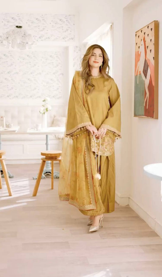 Gorgeous Light Mustard Color French Crepe Silk With Embrodary Sequence Work Palazzo Suit