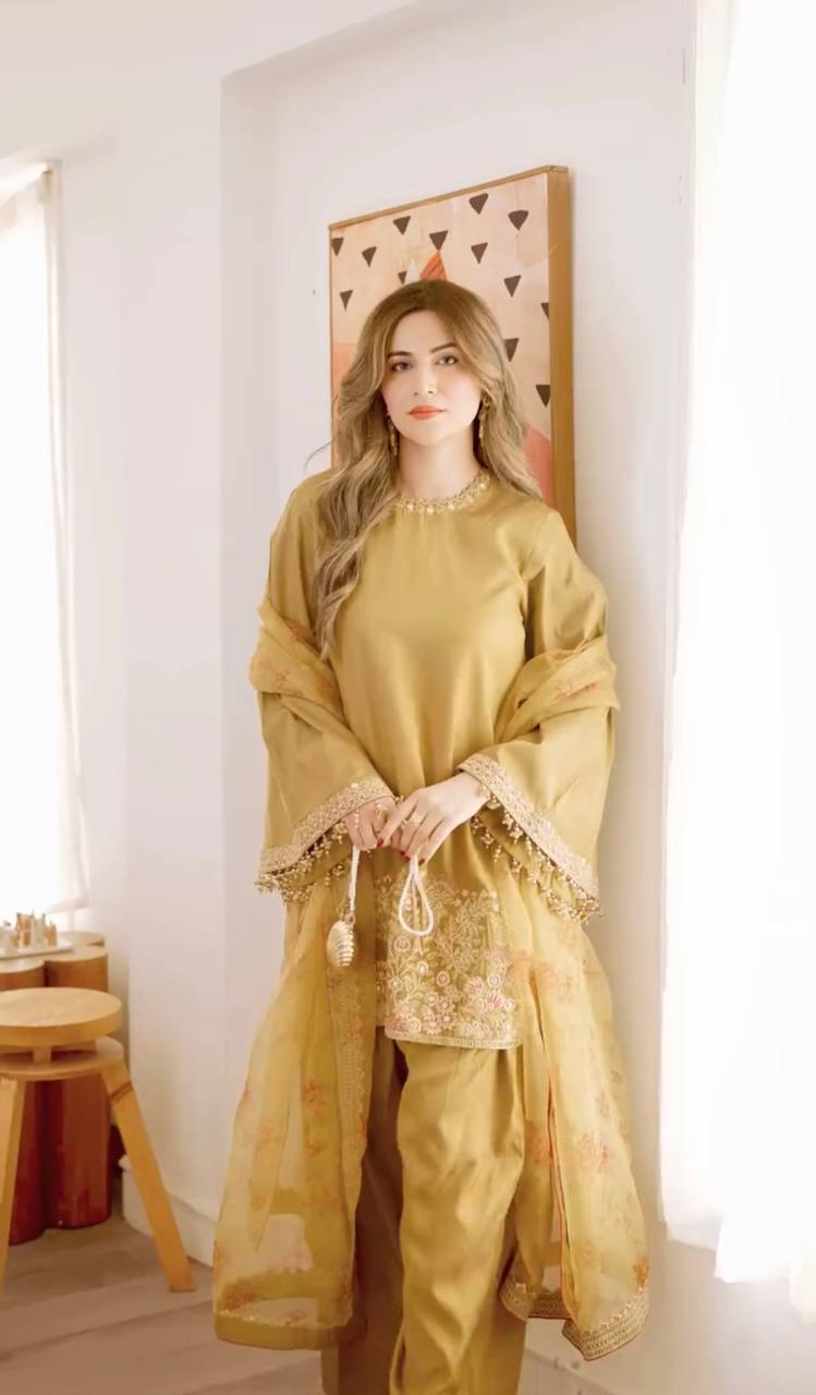 Gorgeous Light Mustard Color French Crepe Silk With Embrodary Sequence Work Palazzo Suit