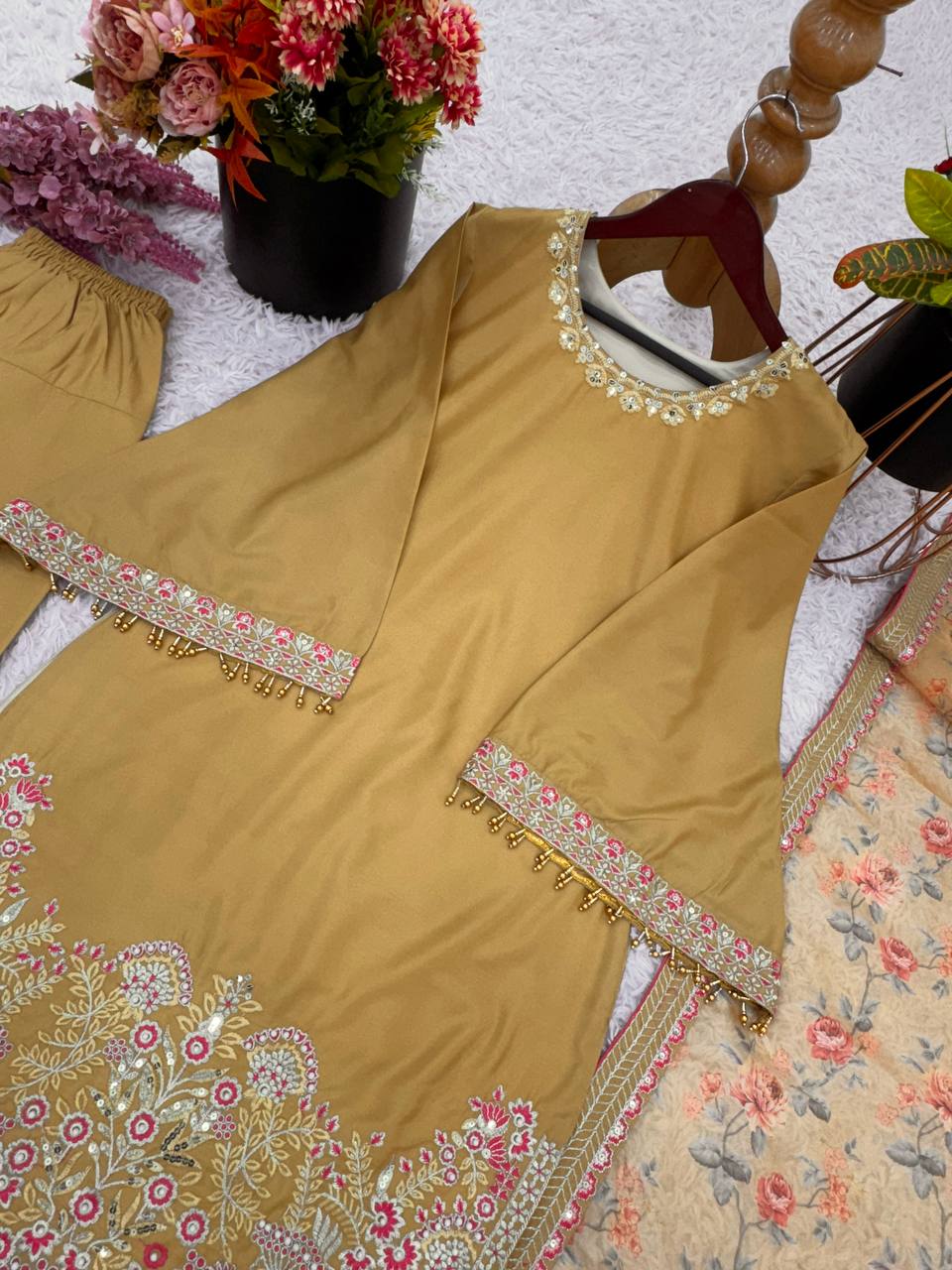 Gorgeous Light Mustard Color French Crepe Silk With Embrodary Sequence Work Palazzo Suit