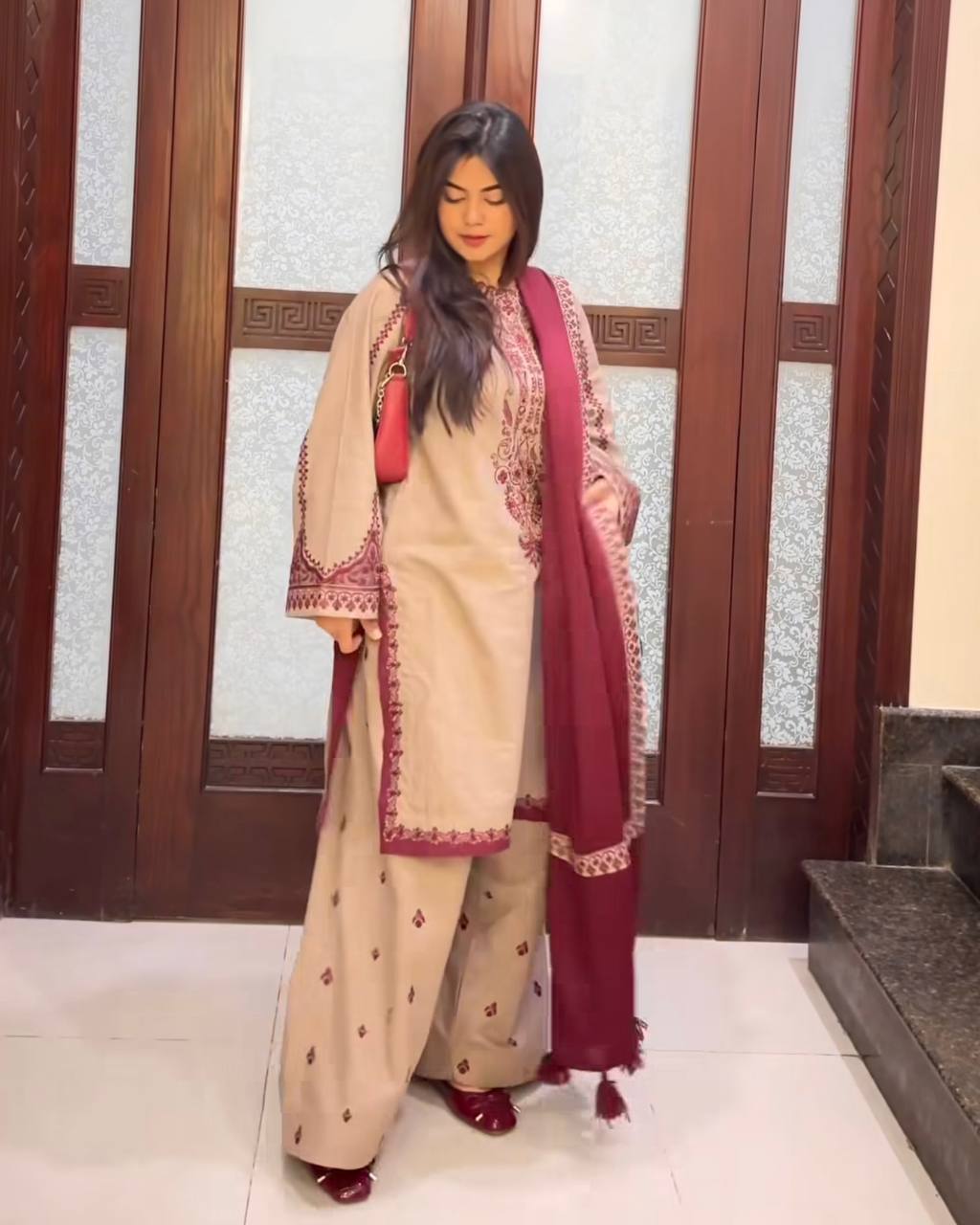 Alluring Cream Color Faux Georgette With Embroidery With Beads Work Palazzo Suit