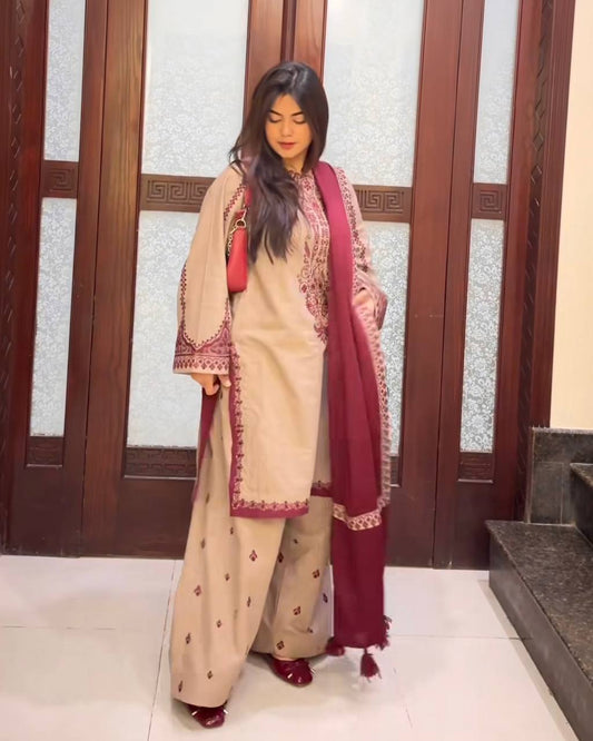 Alluring Cream Color Faux Georgette With Embroidery With Beads Work Palazzo Suit