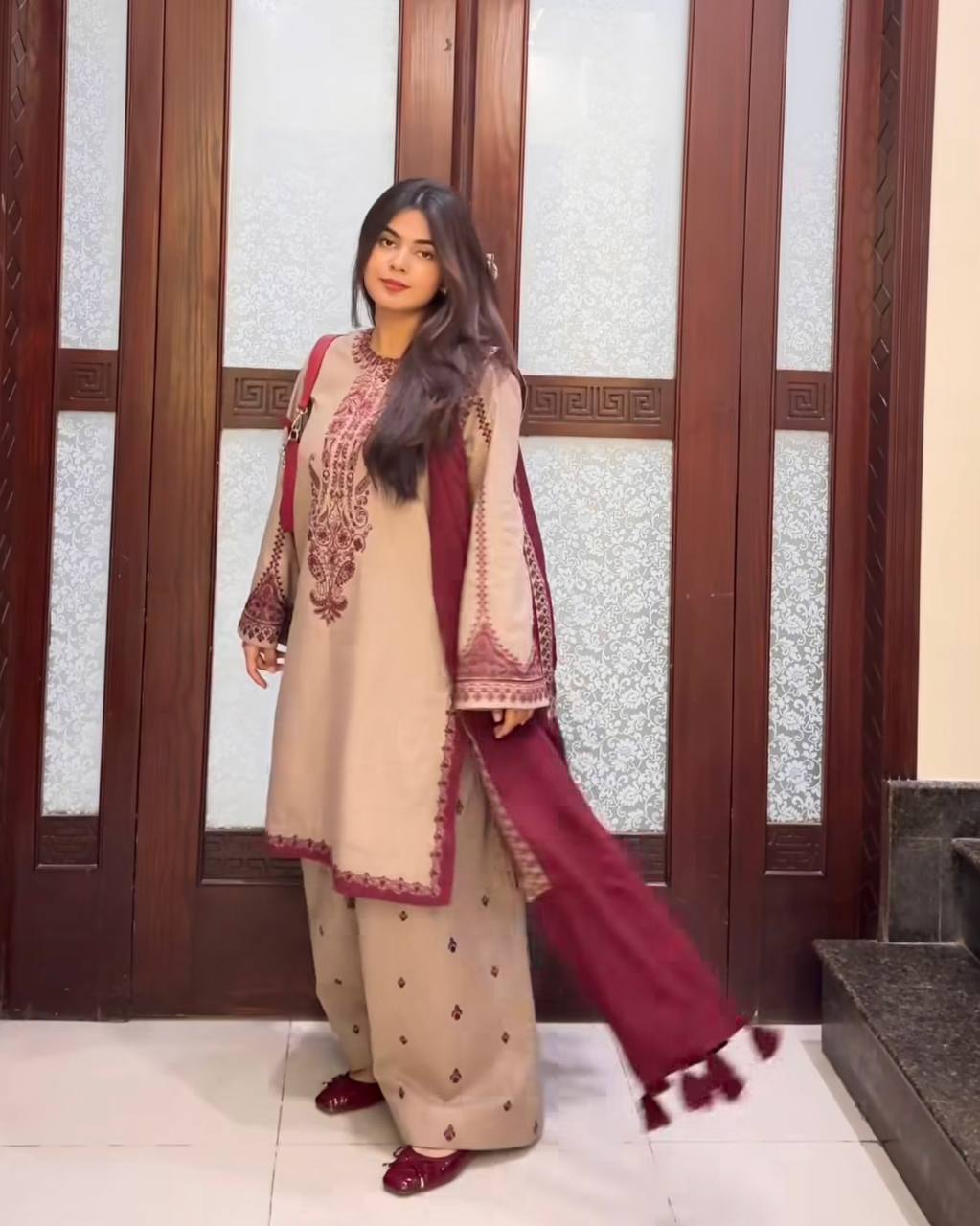 Alluring Cream Color Faux Georgette With Embroidery With Beads Work Palazzo Suit