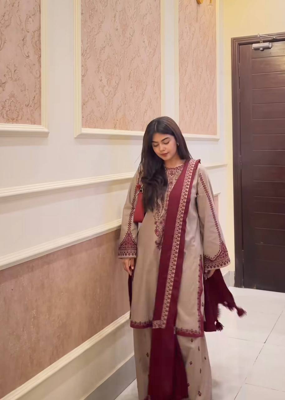 Alluring Cream Color Faux Georgette With Embroidery With Beads Work Palazzo Suit