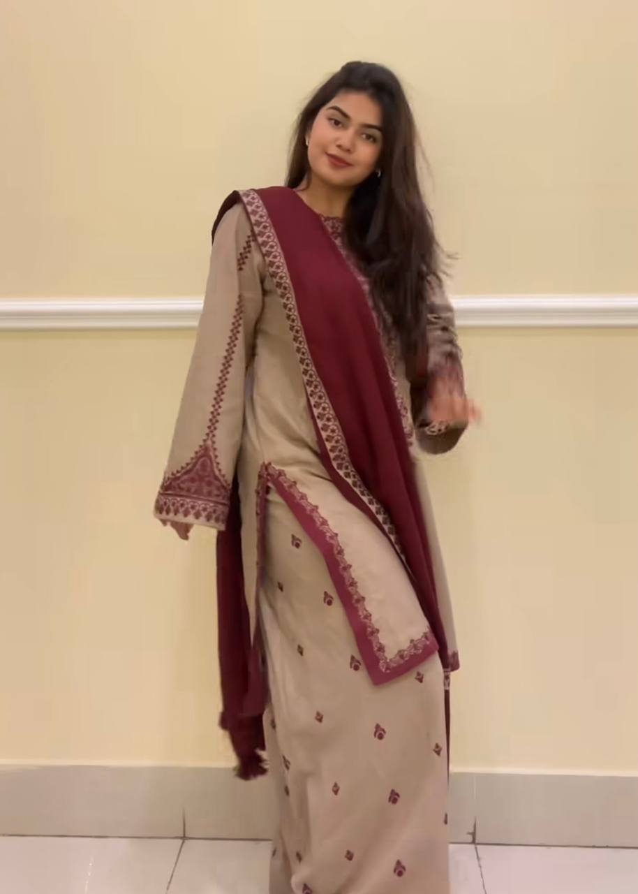 Alluring Cream Color Faux Georgette With Embroidery With Beads Work Palazzo Suit